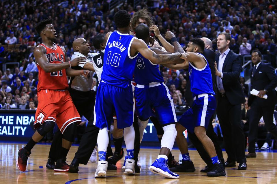 <p>Robin Lopez #8 of the Chicago Bulls fights with Serge Ibaka #9 of the Toronto Raptors during the second half of an NBA game at Air Canada Centre on March 21, 2017 in Toronto, Canada. NOTE TO USER: User expressly acknowledges and agrees that, by downloading and or using this photograph, User is consenting to the terms and conditions of the Getty Images License Agreement. (Photo by Vaughn Ridley/Getty Images) </p>