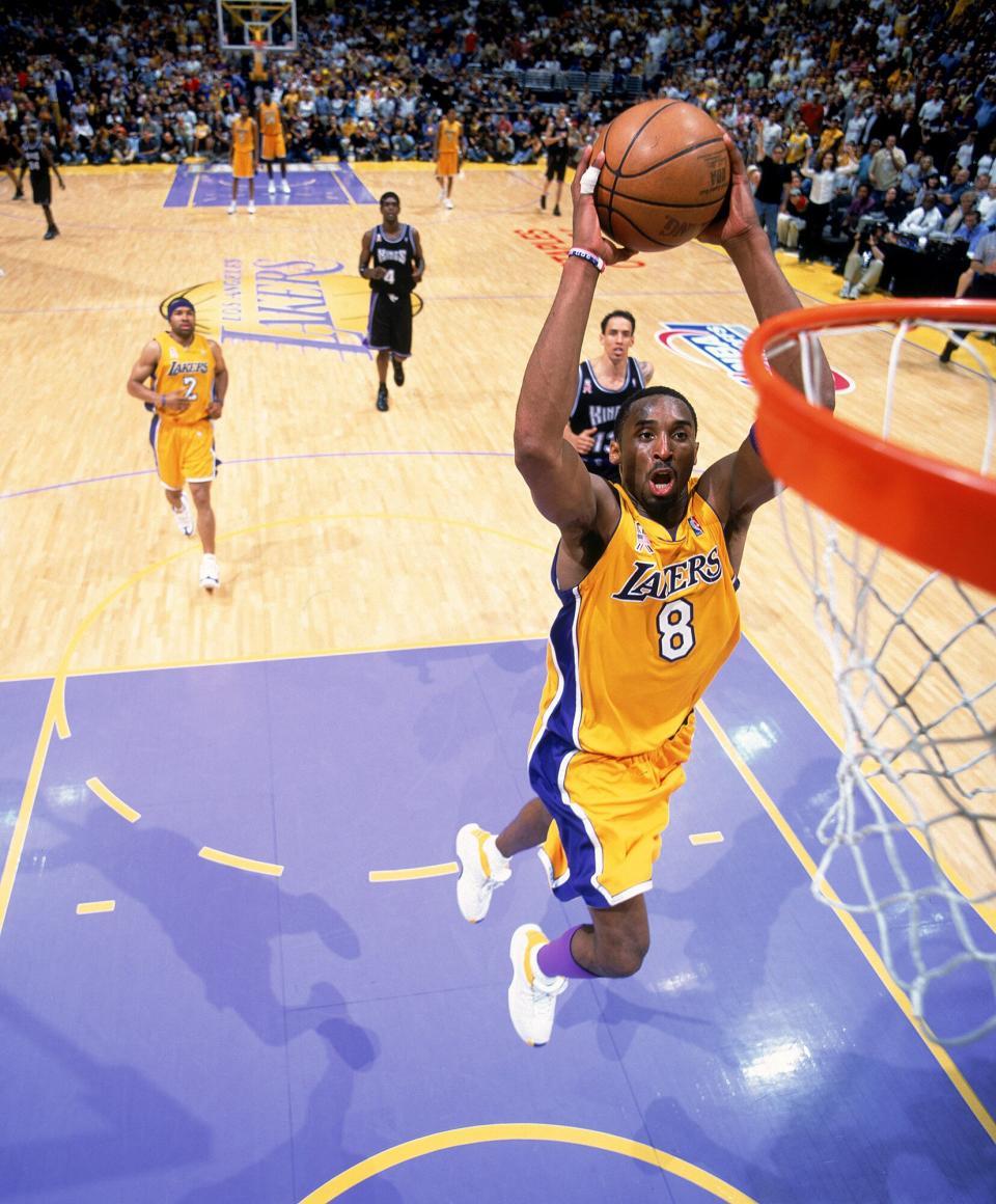 No. 8 goes for the dunk during 2002's game 4 of the Western Conference Finals against the Sacramento Kings.