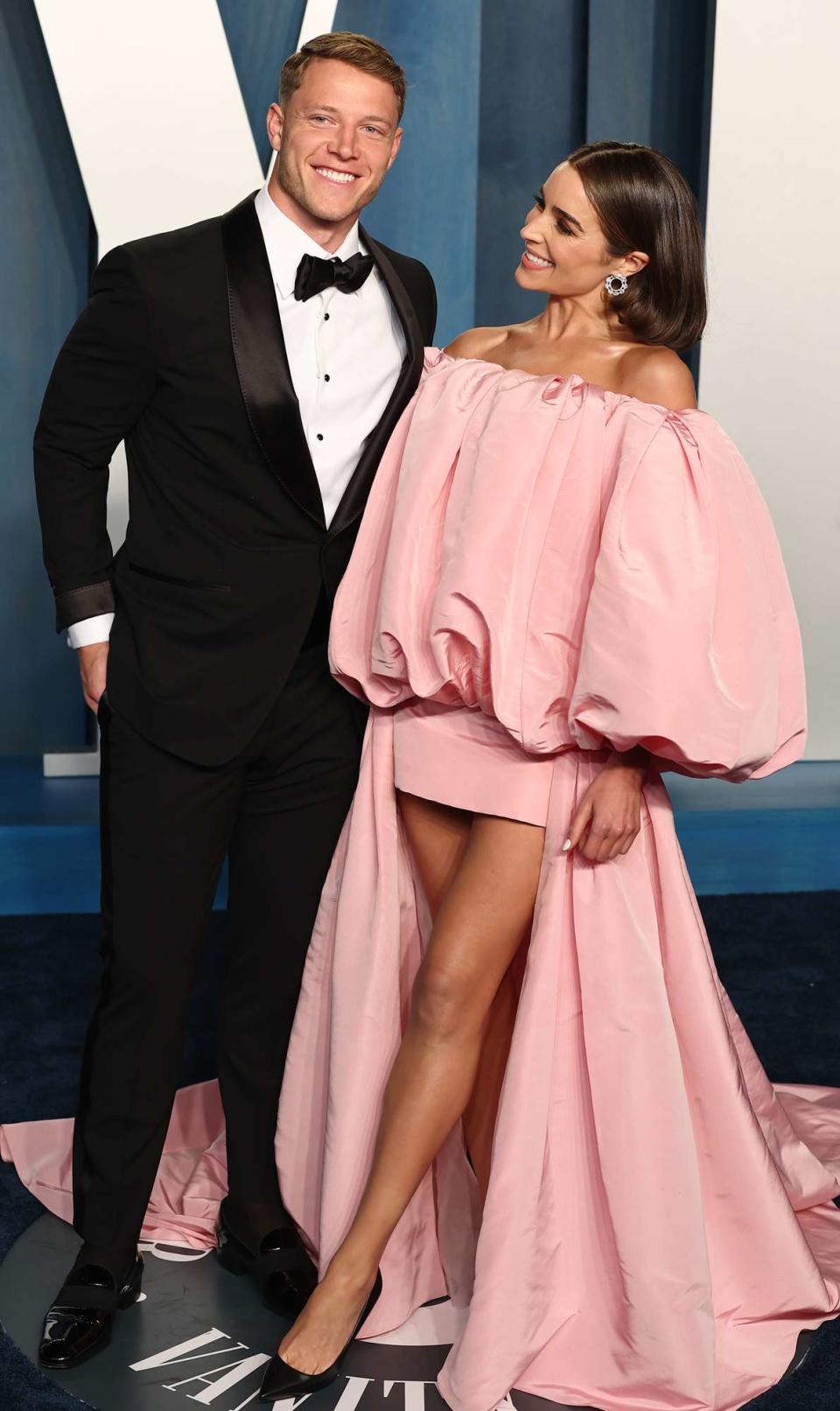 Christian McCaffrey and Olivia Culpo attend the 2022 Vanity Fair Oscar Party hosted by Radhika Jones at Wallis Annenberg Center for the Performing Arts on March 27, 2022 in Beverly Hills, California