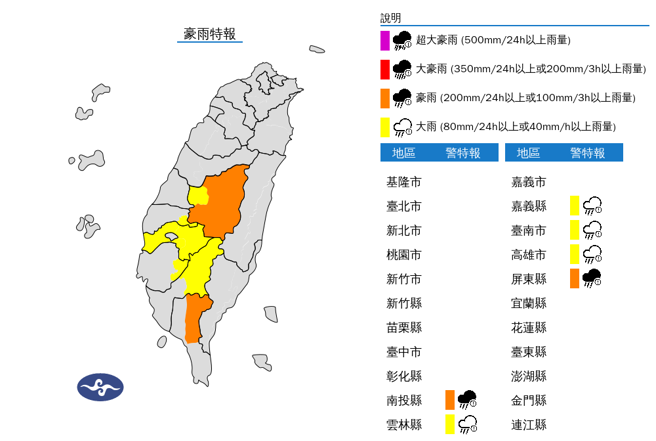 6縣市發布豪大雨特報。（翻攝自氣象署）