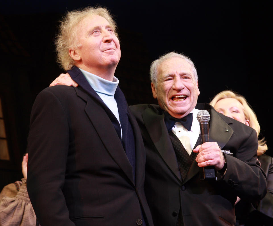 NEW YORK - NOVEMBER 08:  Actor Gene Wilder and Writer/Composer Mel Brooks at the curtain call for Mel Brooks New Musical