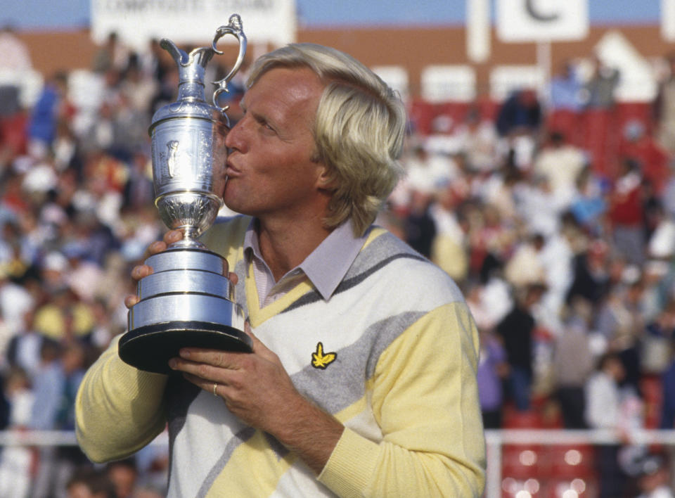 Greg Norman of Australia kisses the Claret Jug after winning his first major title during the final round of the 115th Open Championship held on July 20, 1986, at the Ailsa Course of Turnberry Golf Club in Turnberry, Scotland, United Kingdom.