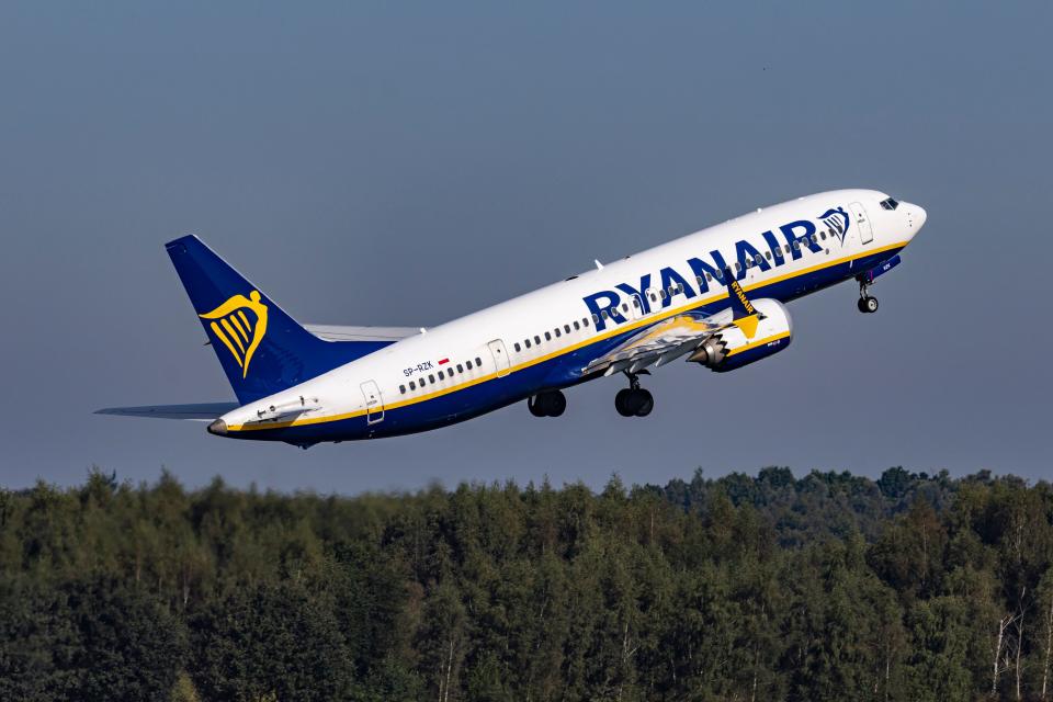 Ryanair Boeing 737 MAX 8 as seen during taxiing, take off and flying phase in Eindhoven Airport EIN.