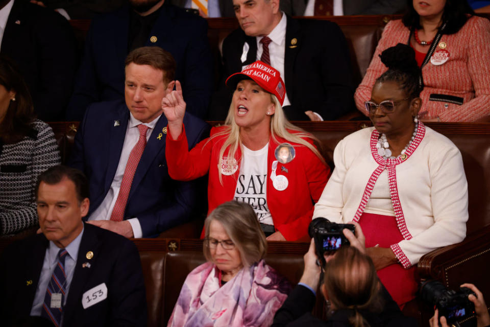 Representative Marjorie Taylor Green, a Republican from Georgia, in the House Chamber during Biden’s State of the Union address on March 7, 2024.<span class="copyright">Julia Nikhinson—Bloomberg/Getty Images</span>