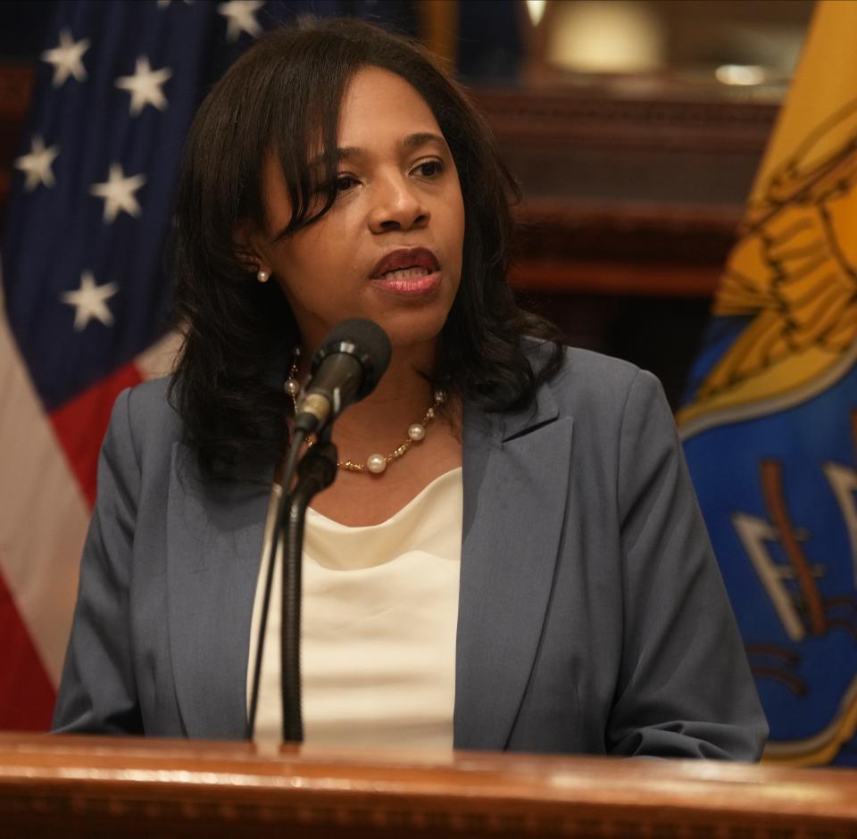 Secretary of State Tahesha Way at the New Jersey State House in Trenton on Sept. 8.