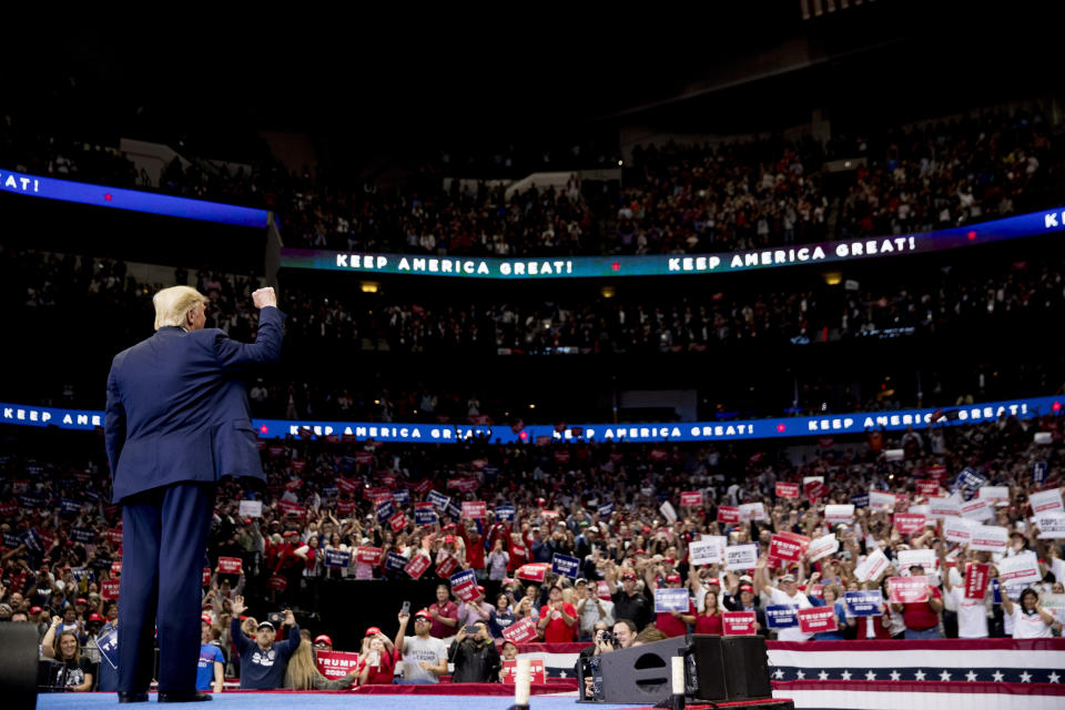 President Donald Trump takes the stage at a campaign rally at American Airlines Arena in Dallas, Texas, Thursday, Oct. 17, 2019. (AP Photo/Andrew Harnik)