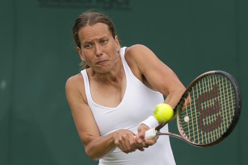 Czech Republic's Barbora Strycova plays a return to Belgium's Maryna Zanevska during the first round women's singles match on day one of the Wimbledon tennis championships in London, Monday, July 3, 2023. (AP Photo/Alastair Grant)