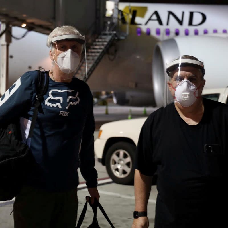 Social media picture of Canadian director James Cameron and U.S. producer Jon Landau arriving in New Zealand to resume the filming of the Avatar sequels, following the global outbreak of the coronavirus disease