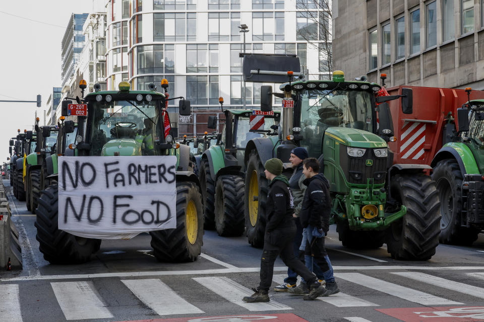 FILE - Tractors are parked near the European Parliament during a protest by farmers as European leaders meet for an EU summit in Brussels, Thursday, Feb. 1, 2024. Fickle regulations are a key complaint heard from European farmers protesting over the past weeks, setting up a key theme for the upcoming June 6-9 parliamentary elections in the 27-nation European Union. (AP Photo/Geert Vanden Wijngaert, File)