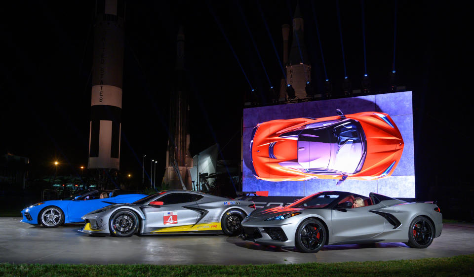 The 2020 Chevrolet Corvette Stingray convertible and Chevrolet's first mid-engine GTLM race car - the Corvette C8.R - are unveiled Wednesday, October 2, 2019 at the Kennedy Space Center in Cape Canaveral, Florida. The Corvette Stingray convertible is the first hardtop and mid-engine convertible in Corvette history. The C8.R will make its racing debut at Rolex 24 at Daytona in January 2020. (Photo by Preston Mack for Chevrolet)                                              