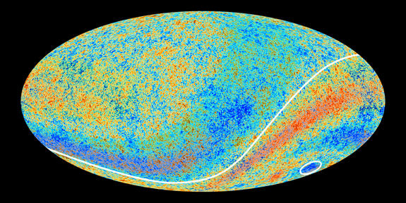 Two Cosmic Microwave Background anomalies hinted at by the Planck observatory's predecessor, NASA's WMAP, are confirmed in new high-precision data revealed on March 21, 2013. In this image, the two anomalous regions have been enhanced with red