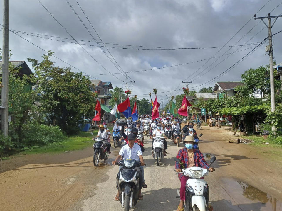 Demonstrators rally on motorcycles to mark the 79th birthday of the country’s ousted leader Aung San Suu Kyi in Launglon township in Tanintharyi region, Myanmar, Wednesday, June 19, 2024. (Democracy Movement Strike Committee-Dawei via AP)