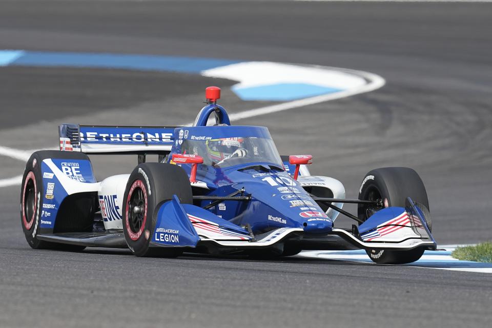 Alex Palou, of Spain, drives during a practice session for the IndyCar Indianapolis GP auto race at Indianapolis Motor Speedway, Friday, Aug. 11, 2023, in Indianapolis. (AP Photo/Darron Cummings)