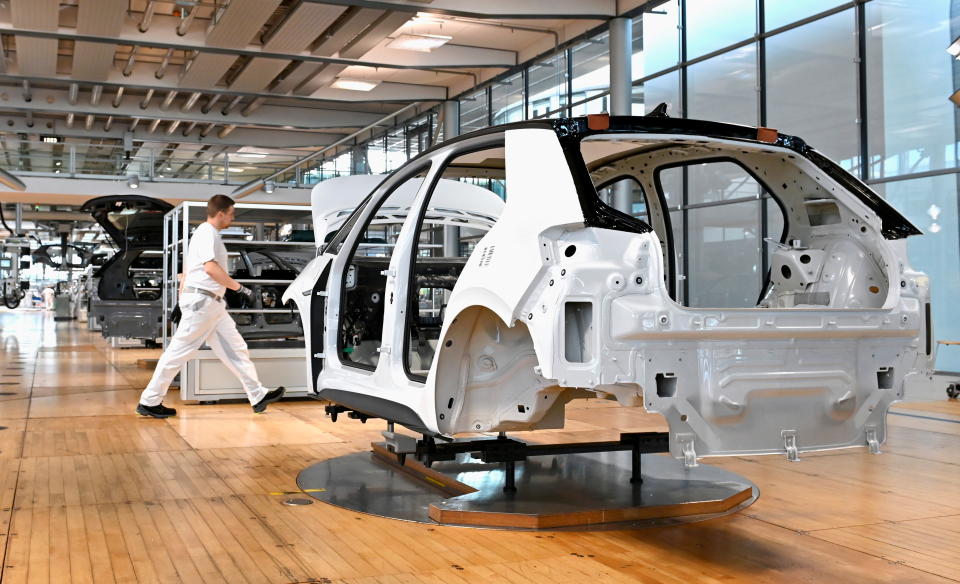 UK car production  A technician works in the assembly line of German carmaker Volkswagen's electric ID. 3 car in Dresden, Germany, June 8, 2021. REUTERS/Matthias Rietschel