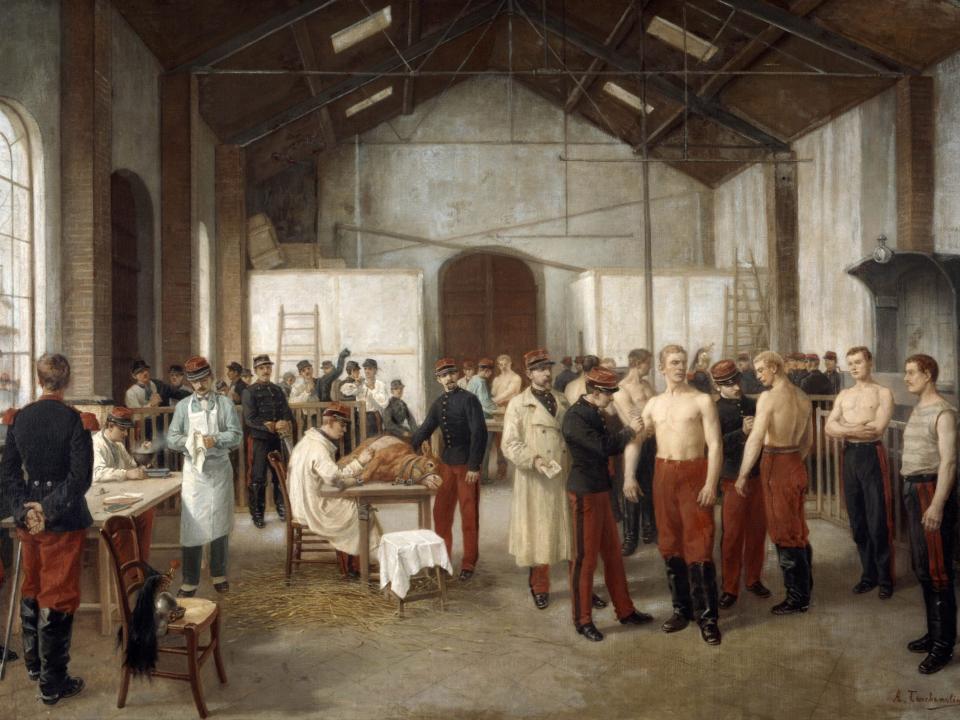 A painting depicted several soldiers getting a smallpox vaccine while a scientist sits with a cow on a table in a large room
