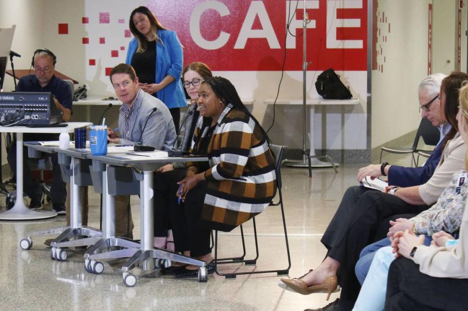 Judges Tom Gray, Melanie Haas and Kyra Colbert quiz one of the student presenters during The Next Great Idea Pitch Competition April 27.