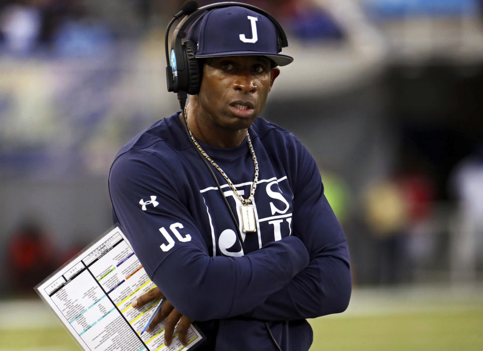 Jackson State head coach Deion Sanders watches from the sidelines during the Southern Heritage Classic NCAA college football game against Tennessee State in Memphis, Tenn., Saturday, Sept. 11, 2021. (Patrick Lantrip/Daily Memphian via AP)