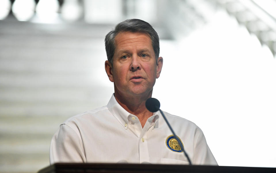 Georgia Gov. Brian Kemp speaks to members of the media during his weekly press conference regarding the Coronavirus (COVID-19) pandemic from the Georgia State Capitol on May 07, 2020, in Atlanta, Georgia. (Photo by Austin McAfee/Icon Sportswire via Getty Images)