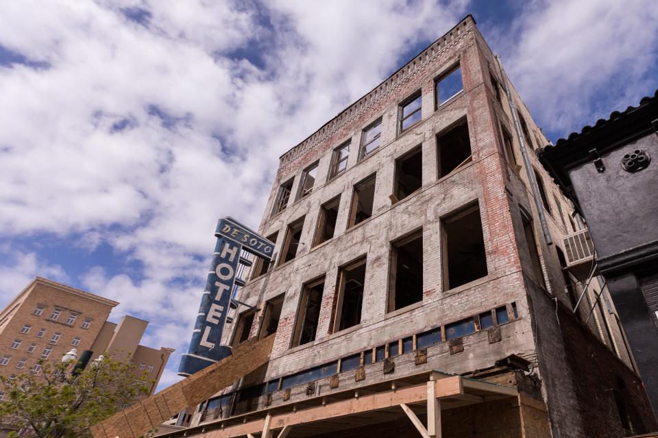 The De Soto Hotel building in Downtown El Paso has a revised renovation plan after it was heavily damaged by a February 2022 fire. The hotel is shown on Saturday March 18, 2023.