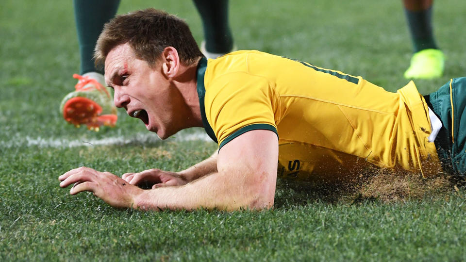Dane Haylett-Petty reacts after bombing a try against South Africa. (Photo by Lee Warren/Gallo Images/Getty Images)