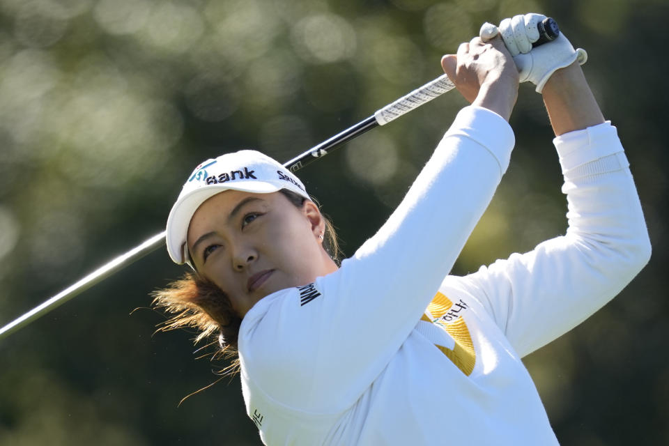 Minjee Lee of Australia watches her tee shot on the second hole during the final round of the BMW Ladies Championship at the Seowon Hills Country Club in Paju, South Korea, Sunday, Oct. 22, 2023. (AP Photo/Lee Jin-man)