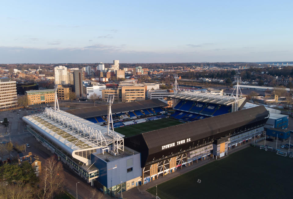 A general view of the stadium from above before the Sky Bet League One match at Portman Road, Ipswich. Picture date: Tuesday March 9, 2021.