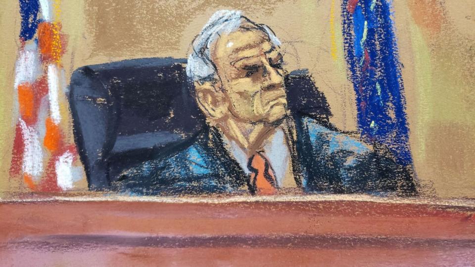 PHOTO: Justice Arthur Engoron of the state Supreme Court listens to opening arguments in a civil fraud case in New York City, Oct. 2, 2023 in this courtroom sketch. (Jane Rosenberg/Reuters)