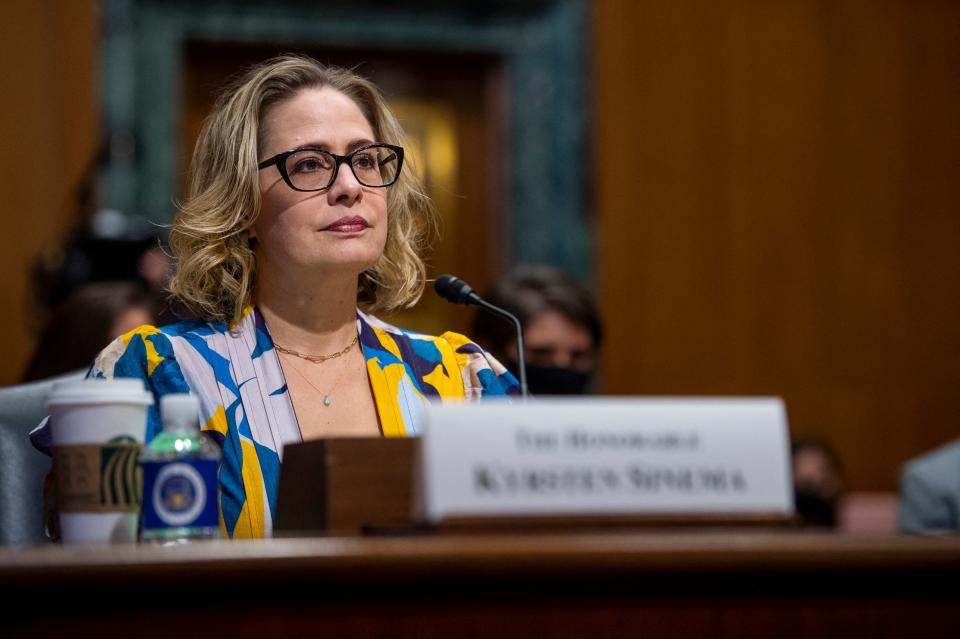 US Senator Kyrsten Sinema, Democrat of Arizona, speaks during the Senate Finance Committee hearing on the nomination of Chris Magnus to be the next US Customs and Border Protection Commissioner, on Capitol Hill in Washington, DC, October 19, 2021. (Photo by Rod LAMKEY / POOL / AFP) (Photo by ROD LAMKEY/POOL/AFP via Getty Images)