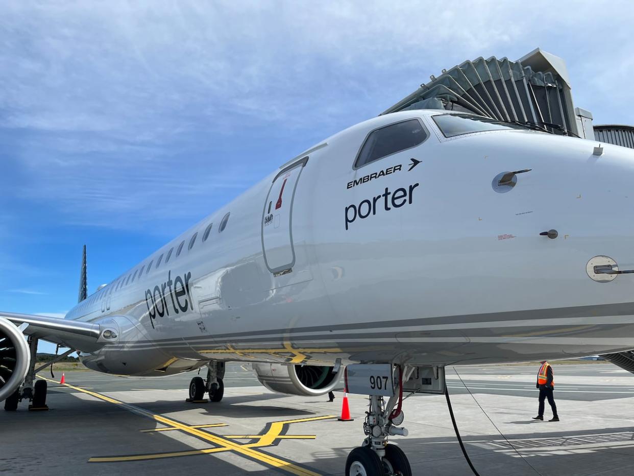 It's the first time the Embraer E195-E2 jet will serve St. John's. It was brought in on Tuesday, more than a week before the new route is scheduled to start, so staff could get familiar with the aircraft. (Henrike Wilhelm/CBC - image credit)