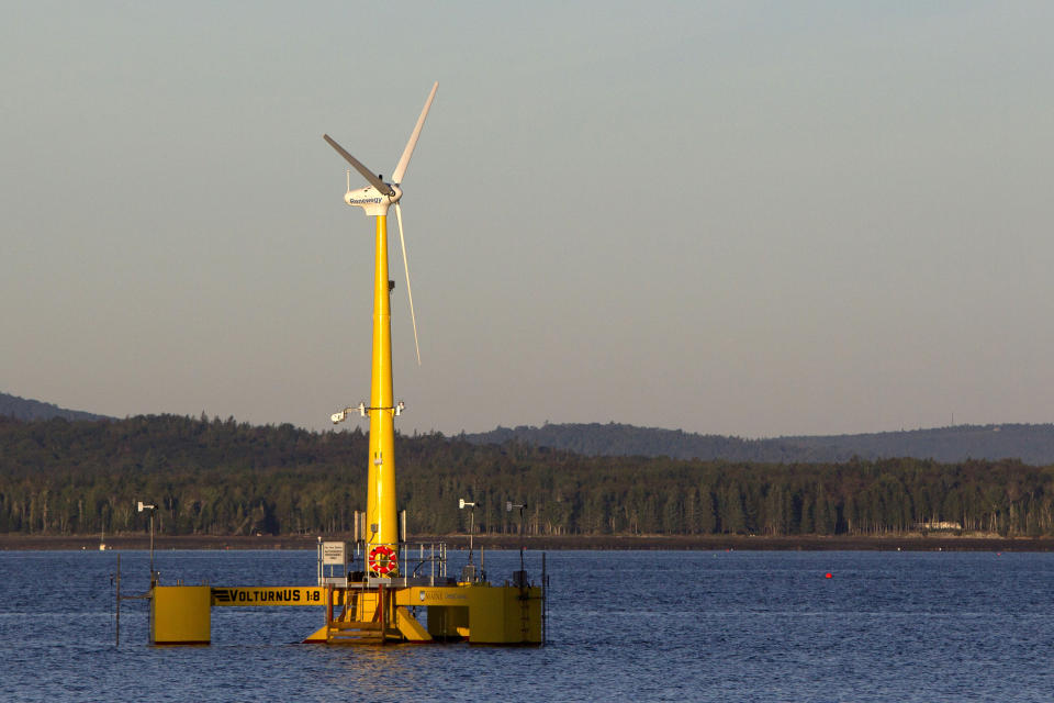 FILE - In this Sept. 20, 2013, file photo, the University of Maine's 9,000-pound prototype, generates power off the coast of Castine, Maine. Though this is only one of two operational U.S. wind farms in 2021, members of the wind power industry and clean energy advocates are hoping that President Joe Biden's administration can transform the country into a leader in offshore wind power. (AP Photo/Robert F. Bukaty, File)