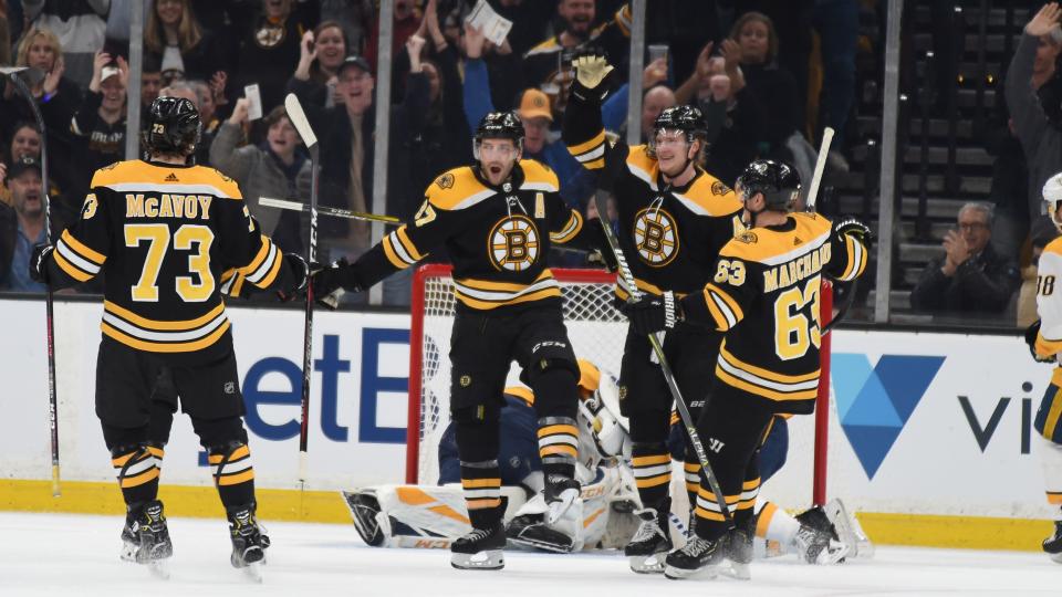 <p>BOSTON, MA - DECEMBER 22: Patrice Bergeron #37 of the Boston Bruins celebrates his goal against the Nashville Predators at the TD Garden on December 22, 2018 in Boston, Massachusetts. (Photo by Steve Babineau/NHLI via Getty Images)</p>