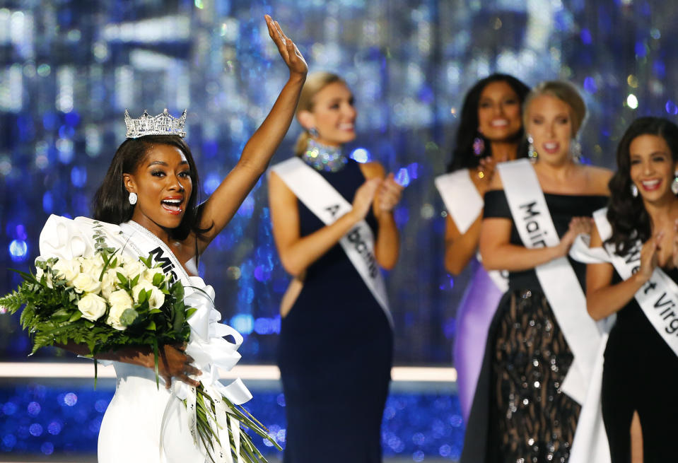 Miss New York Nia Franklin reacts after being named Miss America 2019, Sunday, Sept. 9, 2018, in Atlantic City, N.J. (AP Photo/Noah K. Murray)