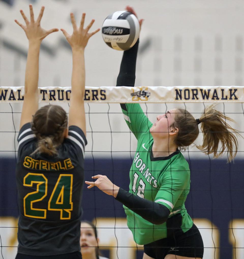 Highland's Alayna Tessena, right, hits the ball past Amherst's Ava Darmos during the second set of a Division I regional volleyball semifinal, Thursday, Nov. 3, 2022, in Norwalk, Ohio.