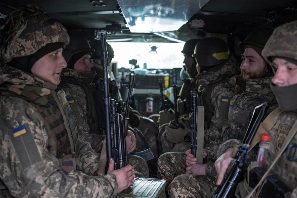 <div class="inline-image__caption"><p>Ukrainian servicemen of the 80th Air Assault Brigade sit inside a Bushmaster Protected Mobility Vehicle, amid Russia's attack on Ukraine, near Bahmut, Donetsk region, Ukraine, February 16, 2023. </p></div> <div class="inline-image__credit">Marko Djurica/Reuters</div>