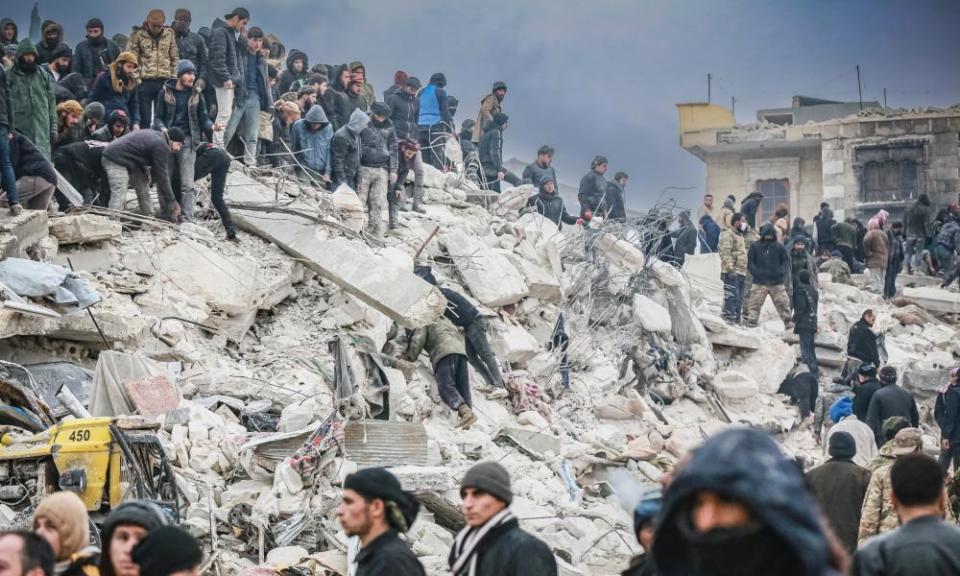 Search and rescue operations in Idlib, Syria, after the 7.8-magnitude earthquake.