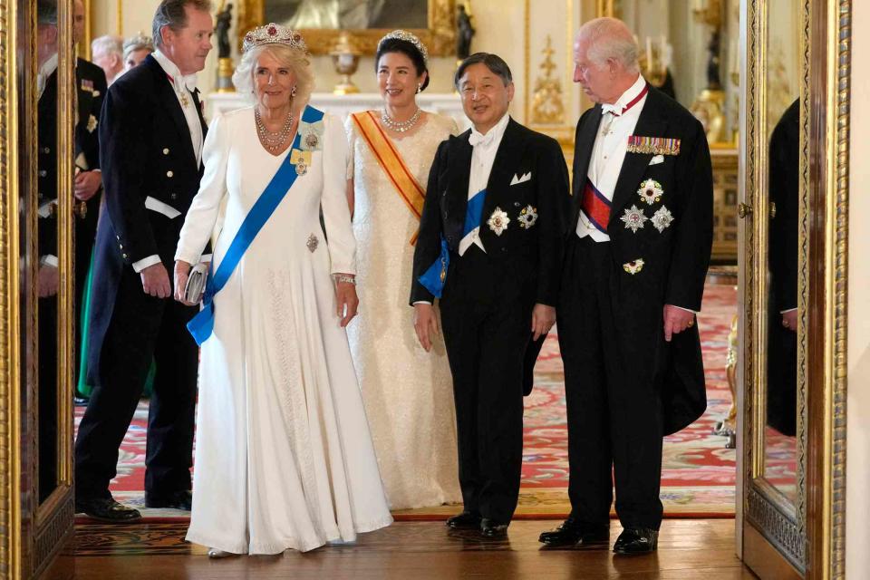 <p>KIRSTY WIGGLESWORTH/POOL/AFP via Getty</p> Queen Camilla at the Buckingham Palace state banquet on June 25, 2024