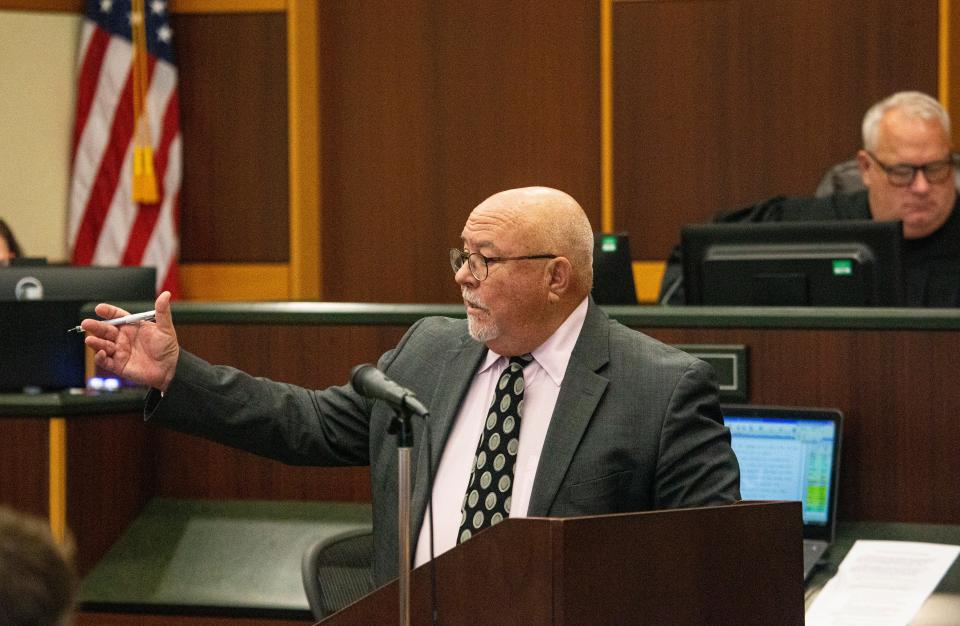 Kevin Shirley, a defense attorney for Joseph Zieler gives opening statements in the penalty phase of ZielerÕs trial on Tuesday, May 23, 2023. Zieler was convicted in the murders of Robin Cornell and Lisa Story. The jury will decide on life in prison or the death penalty.