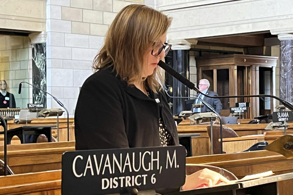 State Sen. Machaela Cavanaugh speaks before the Nebraska Legislature Monday, March 13, 2023, at the Nebraska State Capital in Lincoln, Neb. Cavanaugh is in her third week of an effort to filibuster every bill that comes before the Legislature this session — even the ones she supports. The effort is a protest against conservatives' advancement of a bill that would outlaw gender-affirming therapies for those 18 and younger. Cavanaugh has declared she will "burn the session to the ground" in an effort to stymie the bill. (AP Photo/Margery Beck)