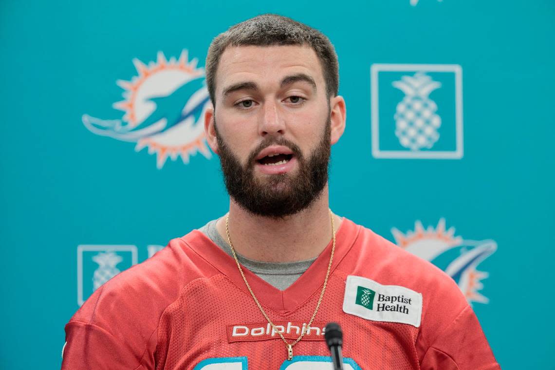 Miami Dolphins quarterback Skylar Thompson (19) speaks to reporters before practice at Baptist Health Training Complex in Miami Gardens on Wednesday, October 12, 2022.