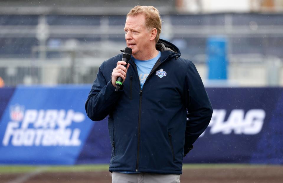 NFL commissioner Roger Goodell talks to the crowd before the start of the NFL Play Football Prospect Clinic with Special Olympics athletes and 13 of the 2024 NFL draft prospects at the Corner Ballpark in Detroit on Wednesday, April 24, 2024.