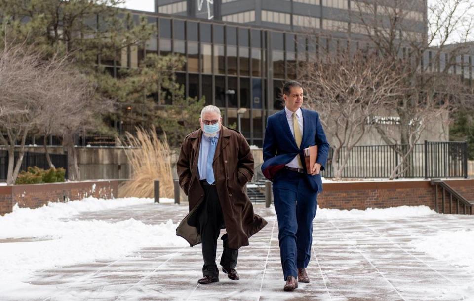 Former Kansas City, Kansas, police detective Roger Golubski walks to a hearing with his attorney Chris Joseph at the federal courthouse on Thursday, Jan. 12, 2023, in Topeka. Golubski is asking a federal judge to remove his house arrest requirement before his trial in which he faces six charges of deprivation of civil rights. Nick Wagner/nwagner@kcstar.com