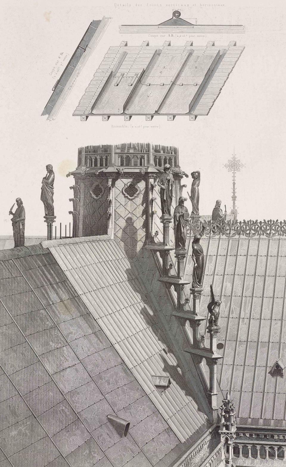 Architectural detail of the roof of Notre-Dame from 1866. Sculptures of the Twelve Apostles and four New Testament evangelists were removed for restoration just days before the Notre-Dame Cathedral in Paris caught fire.