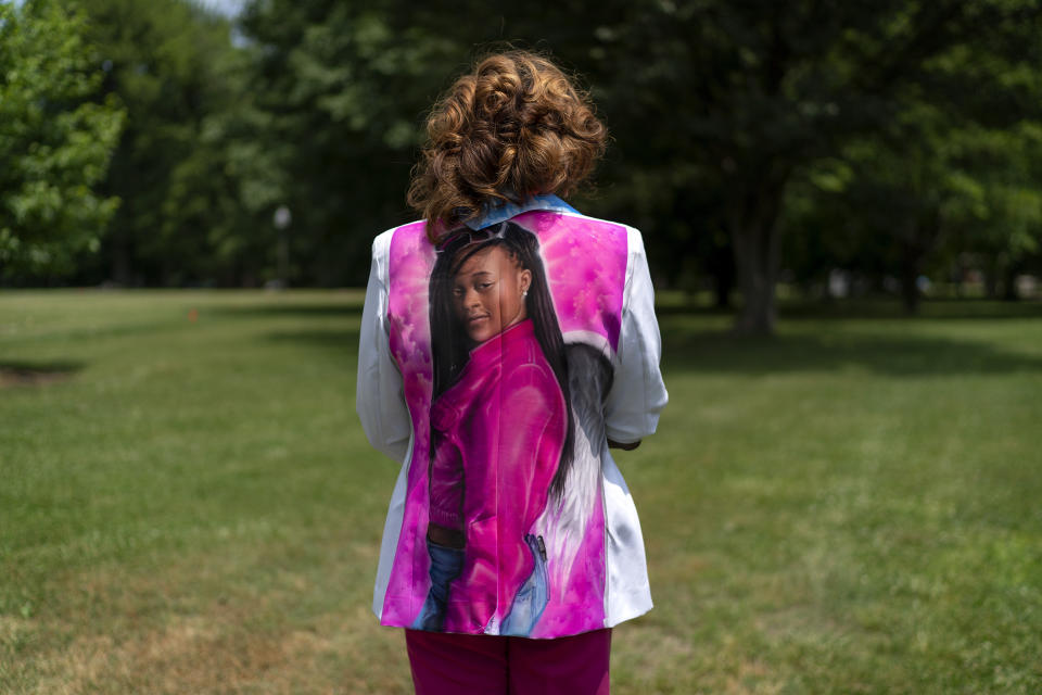 Candy Linear wears a jacket decorated with an image of her daughter, Nylah, who was shot and killed at the age of 16, as Linear attends a gun control rally in Louisville, Ky., Saturday, June 3, 2023. In a recent poll by the Pew Research Center, about two-thirds of parents said they are very or somewhat worried that there could be a shooting at their child’s school. (AP Photo/David Goldman)