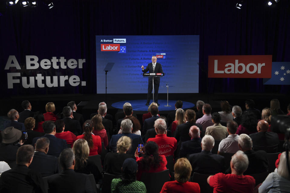 Australian opposition leader Anthony Albanese addresses the crowd during the Labor Party campaign launch in Perth, Sunday, May 1, 2022. Australia will have a national election on May 21. (Lukas Coch/AAP Image via AP)