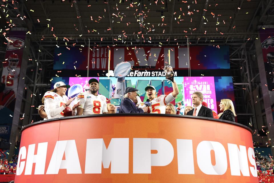 Patrick Mahomes #15 of the Kansas City Chiefs celebrates with the the Vince Lombardi Trophy after defeating the Philadelphia Eagles.