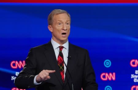 Democratic presidential candidate and billionaire activist Tom Steyer speaks during the fourth U.S. Democratic presidential candidates 2020 election debate at Otterbein University in Westerville, Ohio U.S.