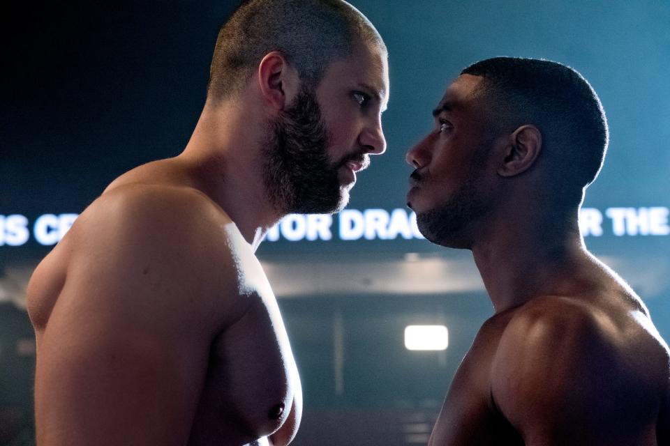 Viktor Drago (Florian Munteanu, left) and Adonis Creed (Michael B. Jordan) face off in the sequel "Creed II."