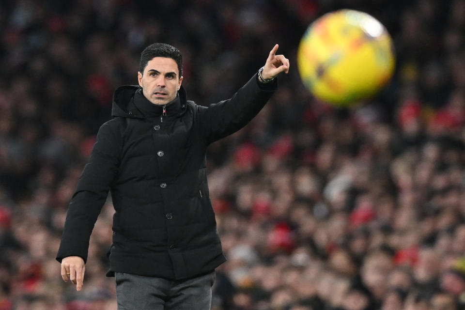 Arsenal manager Mikel Arteta gestures on the touchline during the English Premier League football match against Manchester United.