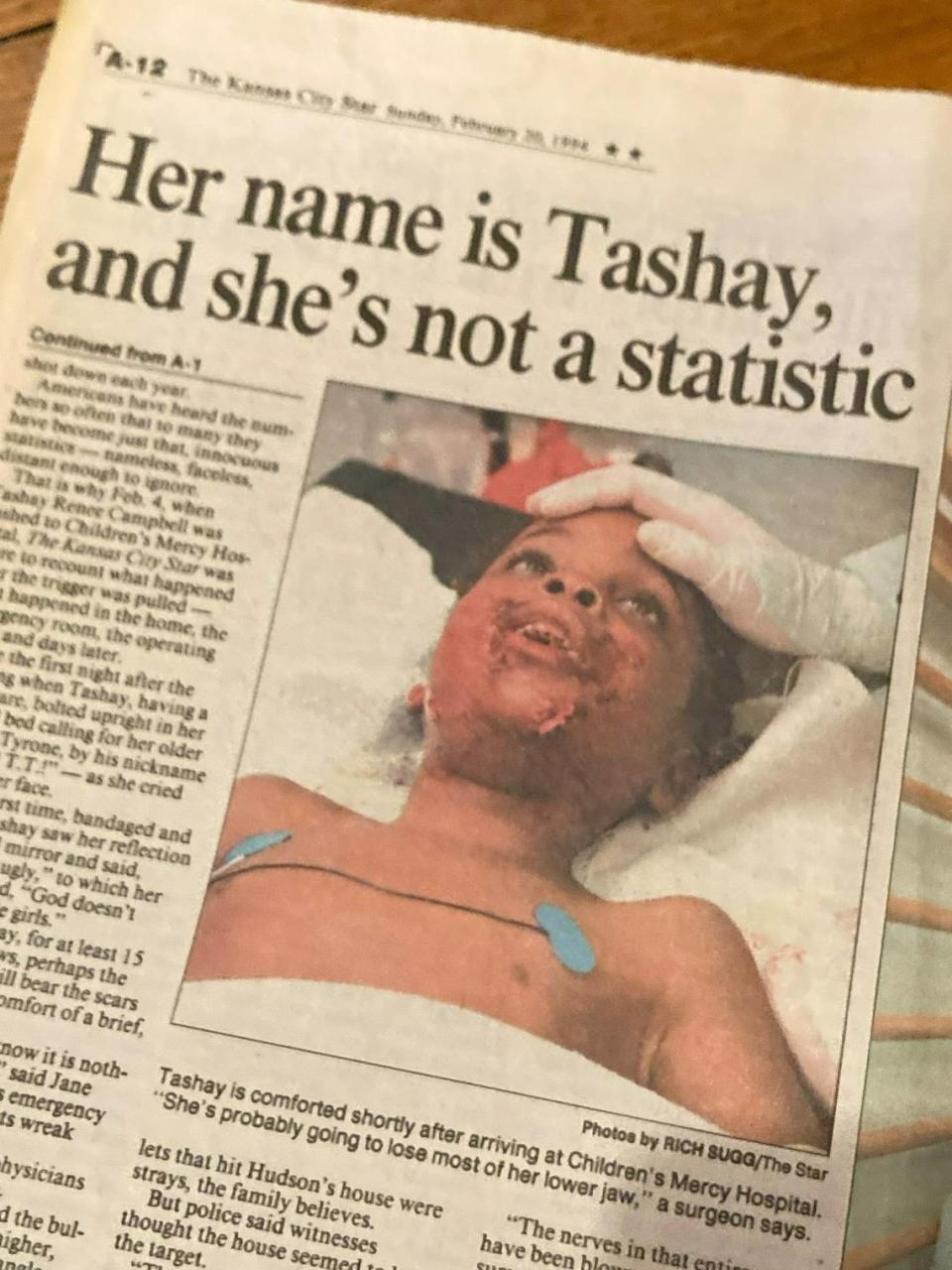 The Star’s story, showing Tashay Campbell at Children’s Mercy Hospital, ran on the front page on Feb. 20, 1994.