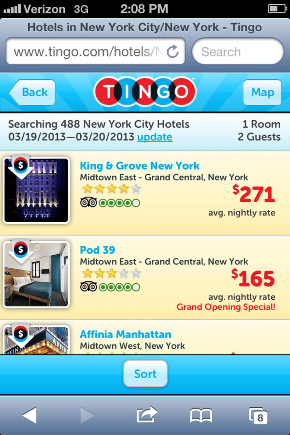 This screen image released by Smarter Travel Media shows an image from the Tingo mobile app. Tingo is one of a growing number of services that aim to save travelers money on their hotel stays. The site, which is owned by TripAdvisor, says that travelers have a 20-percent chance of getting at least some money back. The typical rebate is $50, according to the company, but occasionally travelers like Eisen get much more back. (AP Photo/Smarter Travel Media)